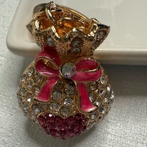 Gold Tone Rhinestone Money Bag Keychain Pink Bow Heart Purse Charm Bling NWOT